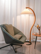 Curved Wooden Floor Lamp With Pleated Shade