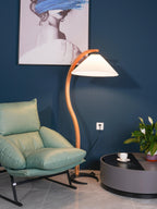 Curved Wooden Floor Lamp With Pleated Shade