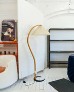 Curved Wooden Floor Lamp With Pleated Shade