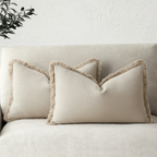 Cotton Linen Cushion Covers Set of Two Fringed Throw Pillow Covers Soft Textured Decorative Cushion Cases for Sofa | Armchair and Bed