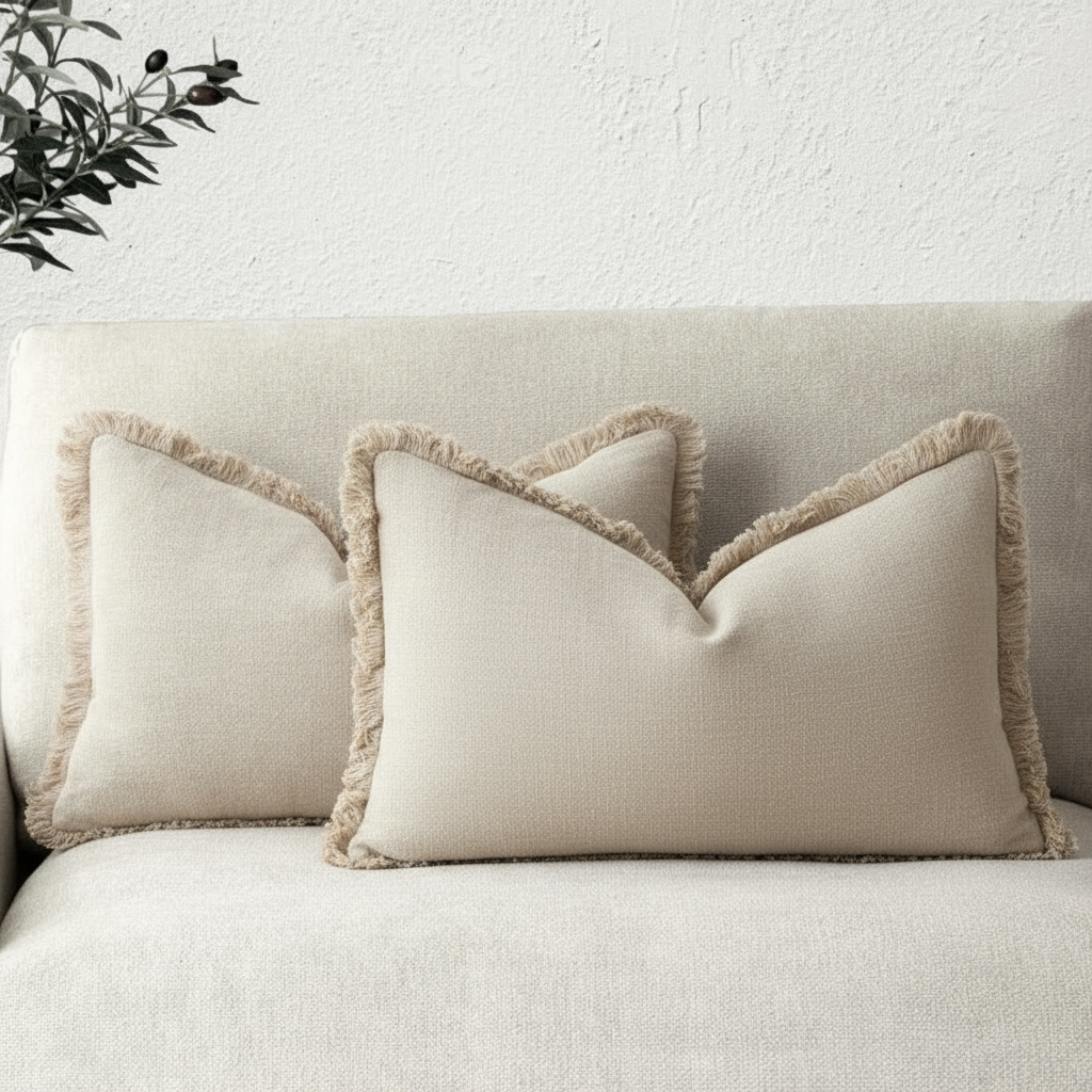 Cotton Linen Cushion Covers Set of Two Fringed Throw Pillow Covers Soft Textured Decorative Cushion Cases for Sofa | Armchair and Bed
