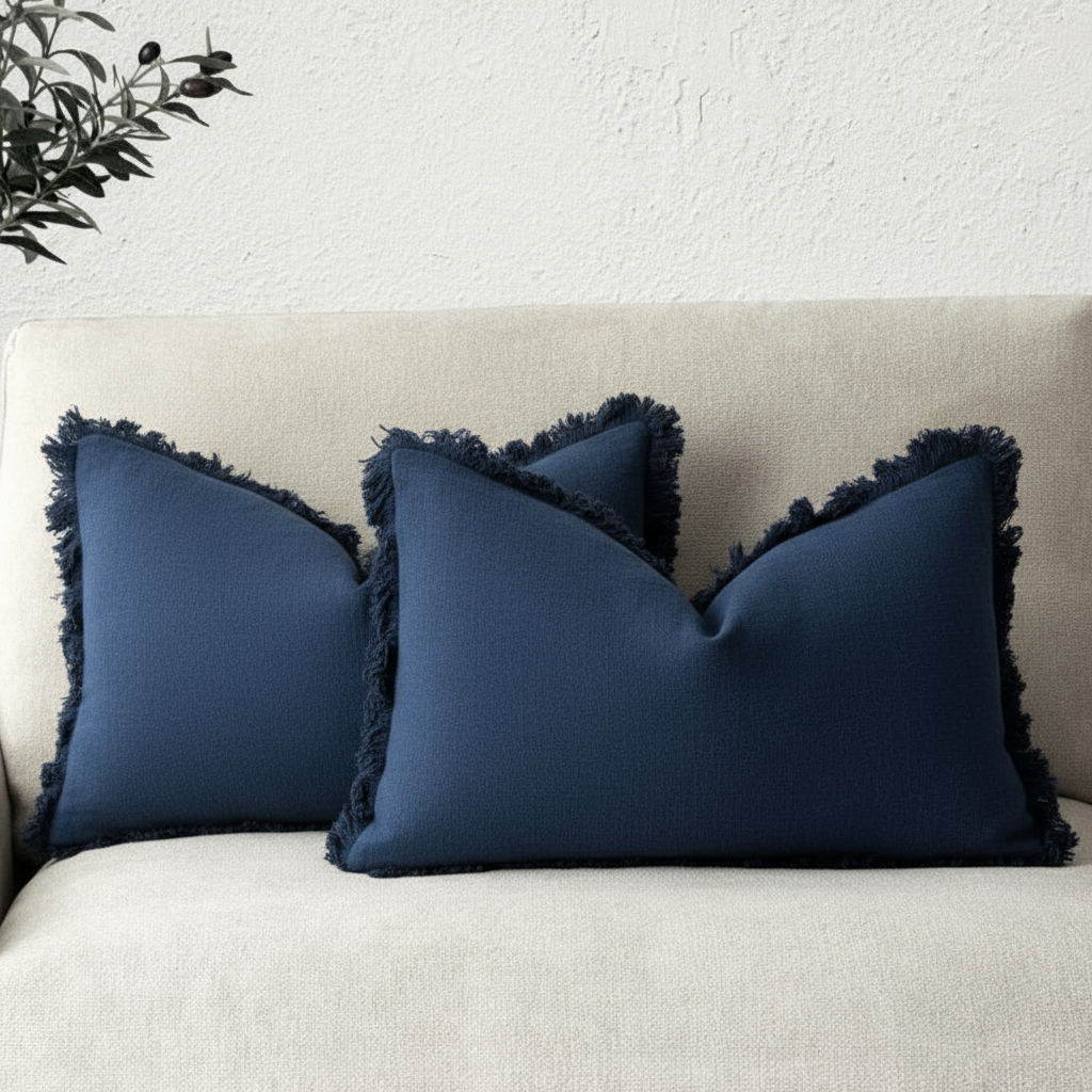 Cotton Linen Cushion Covers Set of Two Fringed Throw Pillow Covers Soft Textured Decorative Cushion Cases for Sofa | Armchair and Bed