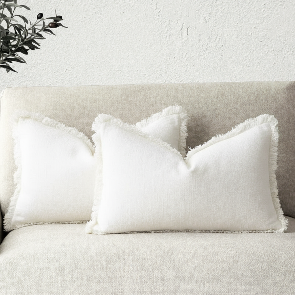 Cotton Linen Cushion Covers Set of Two Fringed Throw Pillow Covers Soft Textured Decorative Cushion Cases for Sofa | Armchair and Bed