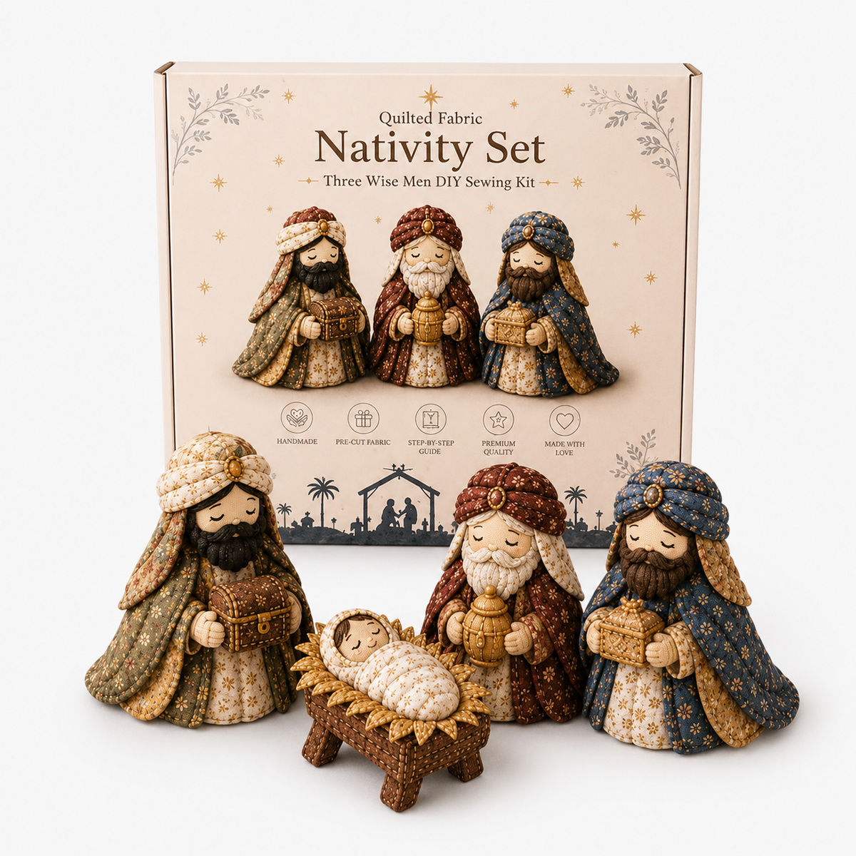 Patchwork Fabric Nativity Sewing Kit Hand Stitched Christmas Nativity Scene Craft Kit with Pre Cut Fabric Pieces and Pattern for Mantel Decoration