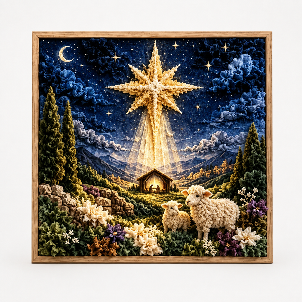 Fabric Tuck Art Kit Pre Punched Board with Wooden Tool No Sew Textured Craft Kit Nativity | Cross and Shepherd Designs Religious Wall Art