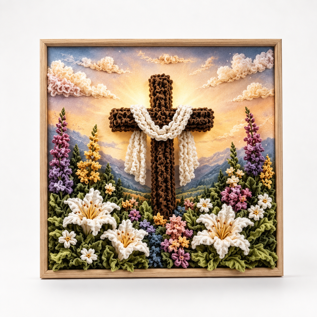 Fabric Tuck Art Kit Pre Punched Board with Wooden Tool No Sew Textured Craft Kit Nativity | Cross and Shepherd Designs Religious Wall Art