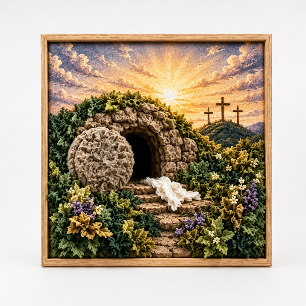 Fabric Tuck Art Kit Pre Punched Board with Wooden Tool No Sew Textured Craft Kit Nativity | Cross and Shepherd Designs Religious Wall Art
