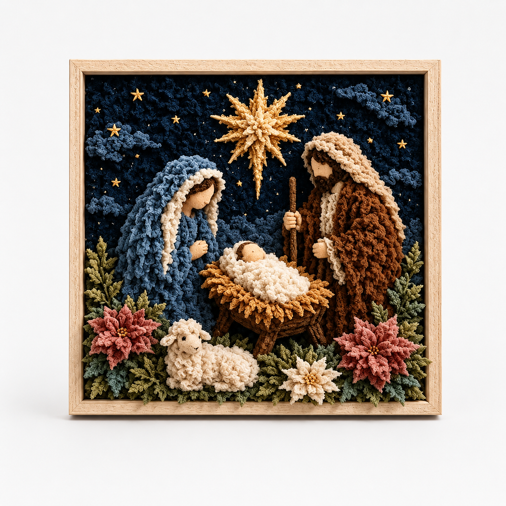 Fabric Tuck Art Kit Pre Punched Board with Wooden Tool No Sew Textured Craft Kit Nativity | Cross and Shepherd Designs Religious Wall Art