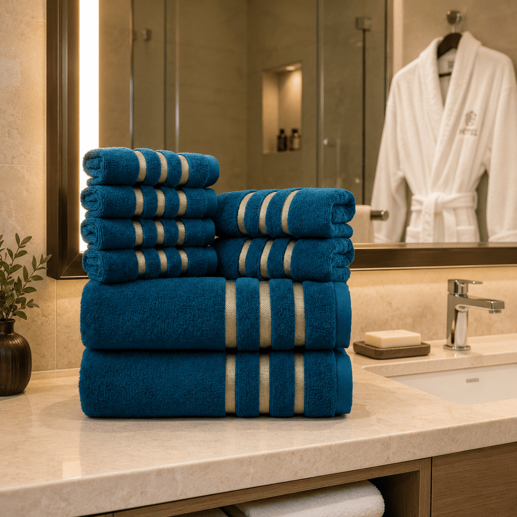 Bath Towel Set with Gold Stripe Border Soft Absorbent Towels Including Bath Towels | Hand Towels and Washcloths for Bathroom and Guest Room