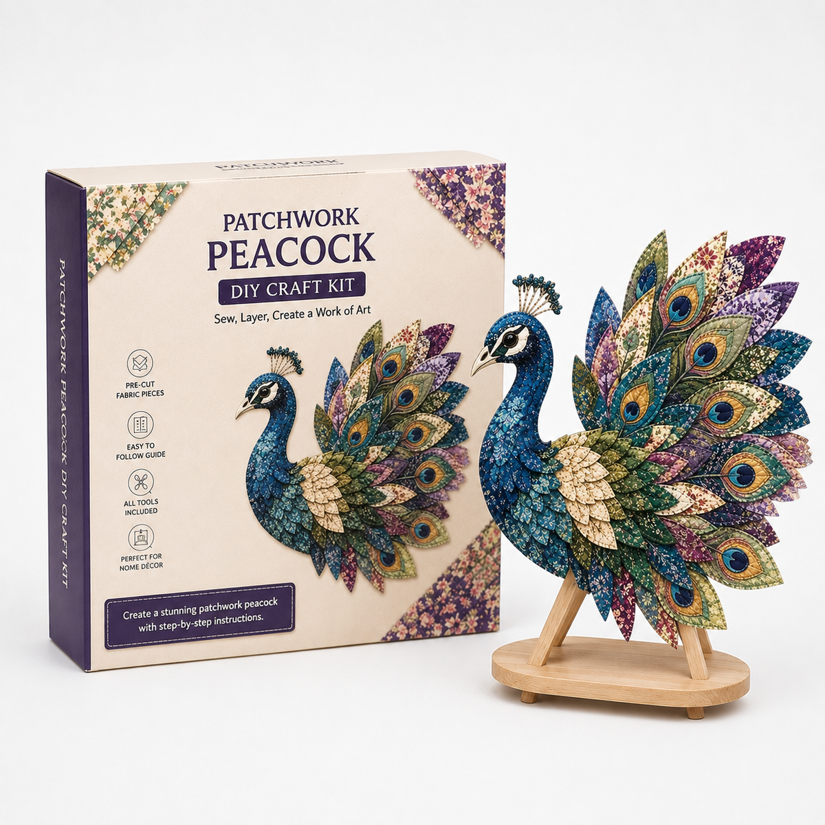 Fabric Patchwork Bird Craft Kit No Sew Layered Textile Art Kit with Pre Cut Numbered Pieces and Wooden Stand Hummingbird | Owl | Robin and More