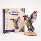 Fabric Patchwork Bird Craft Kit No Sew Layered Textile Art Kit with Pre Cut Numbered Pieces and Wooden Stand Hummingbird | Owl | Robin and More