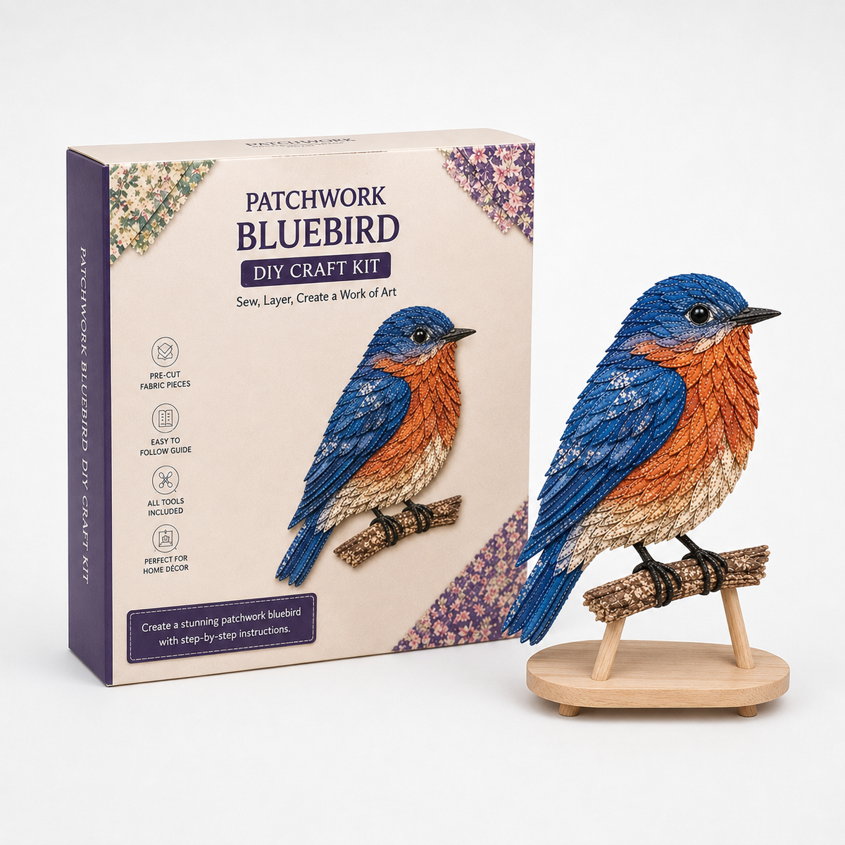 Fabric Patchwork Bird Craft Kit No Sew Layered Textile Art Kit with Pre Cut Numbered Pieces and Wooden Stand Hummingbird | Owl | Robin and More