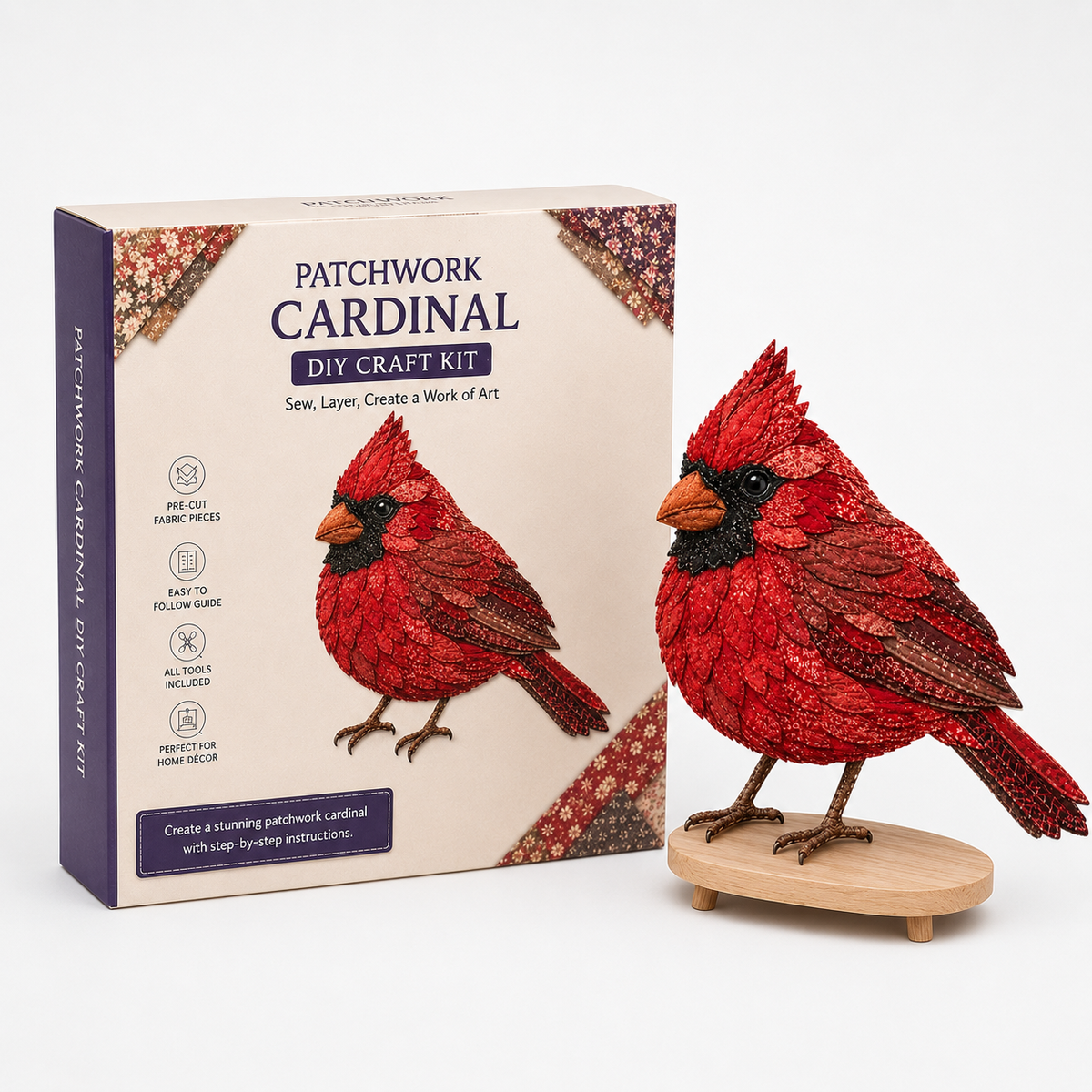 Fabric Patchwork Bird Craft Kit No Sew Layered Textile Art Kit with Pre Cut Numbered Pieces and Wooden Stand Hummingbird | Owl | Robin and More