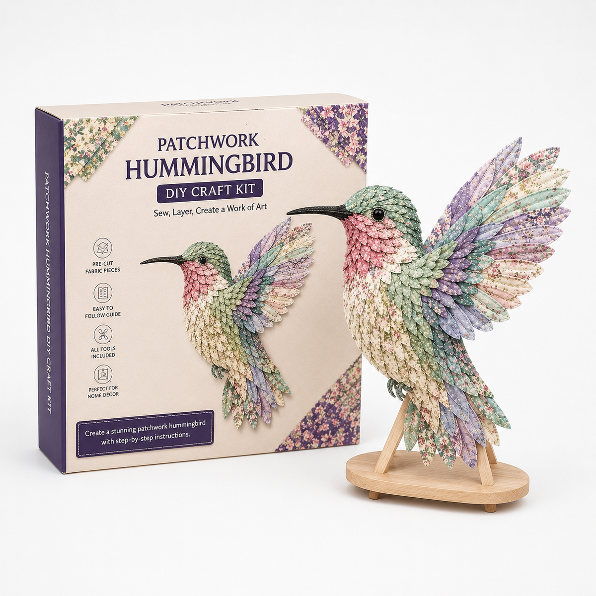 Fabric Patchwork Bird Craft Kit No Sew Layered Textile Art Kit with Pre Cut Numbered Pieces and Wooden Stand Hummingbird | Owl | Robin and More