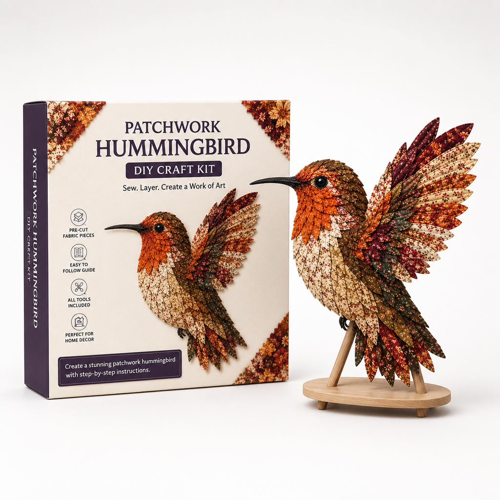 Fabric Patchwork Bird Craft Kit No Sew Layered Textile Art Kit with Pre Cut Numbered Pieces and Wooden Stand Hummingbird | Owl | Robin and More