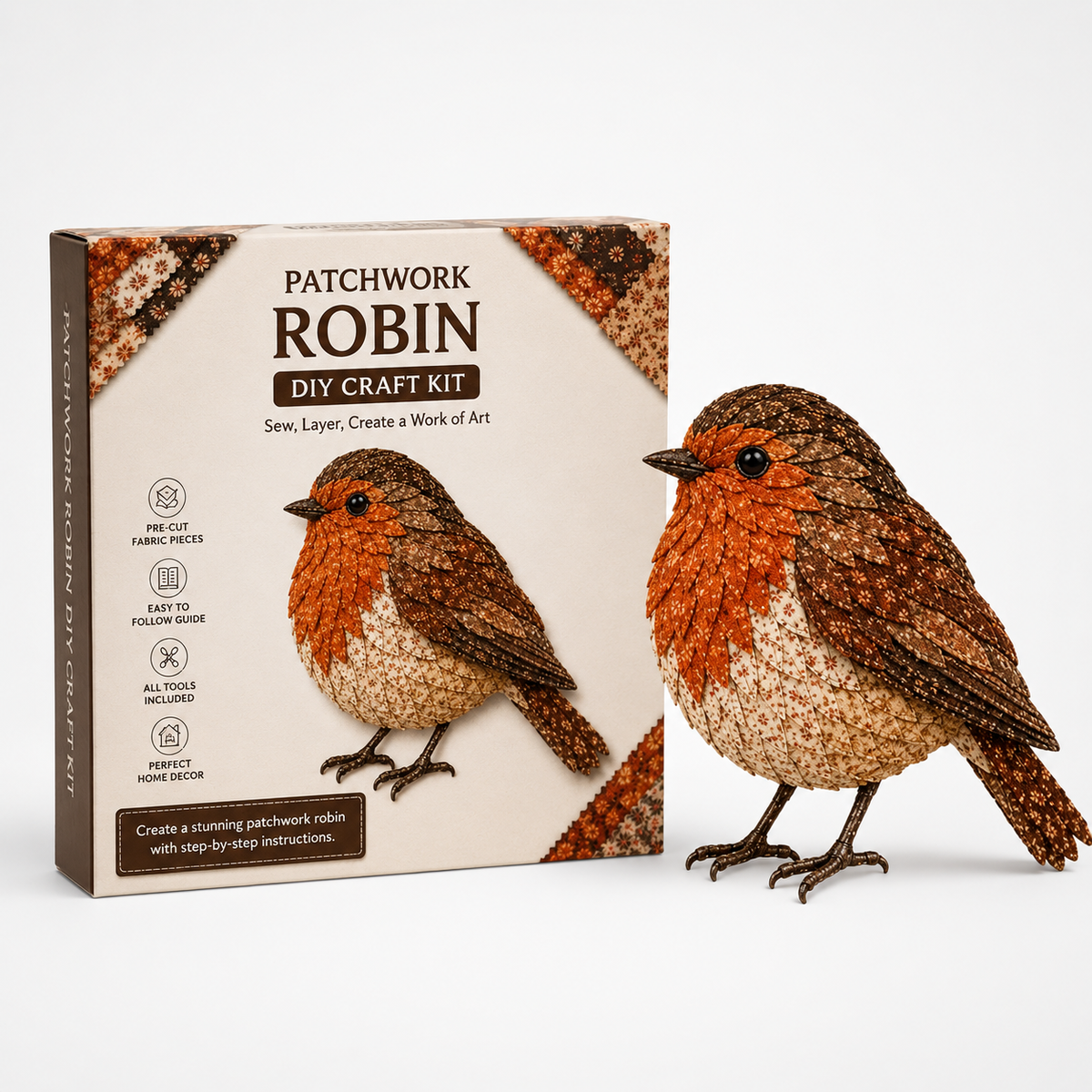 Fabric Patchwork Bird Craft Kit No Sew Layered Textile Art Kit with Pre Cut Numbered Pieces and Wooden Stand Hummingbird | Owl | Robin and More