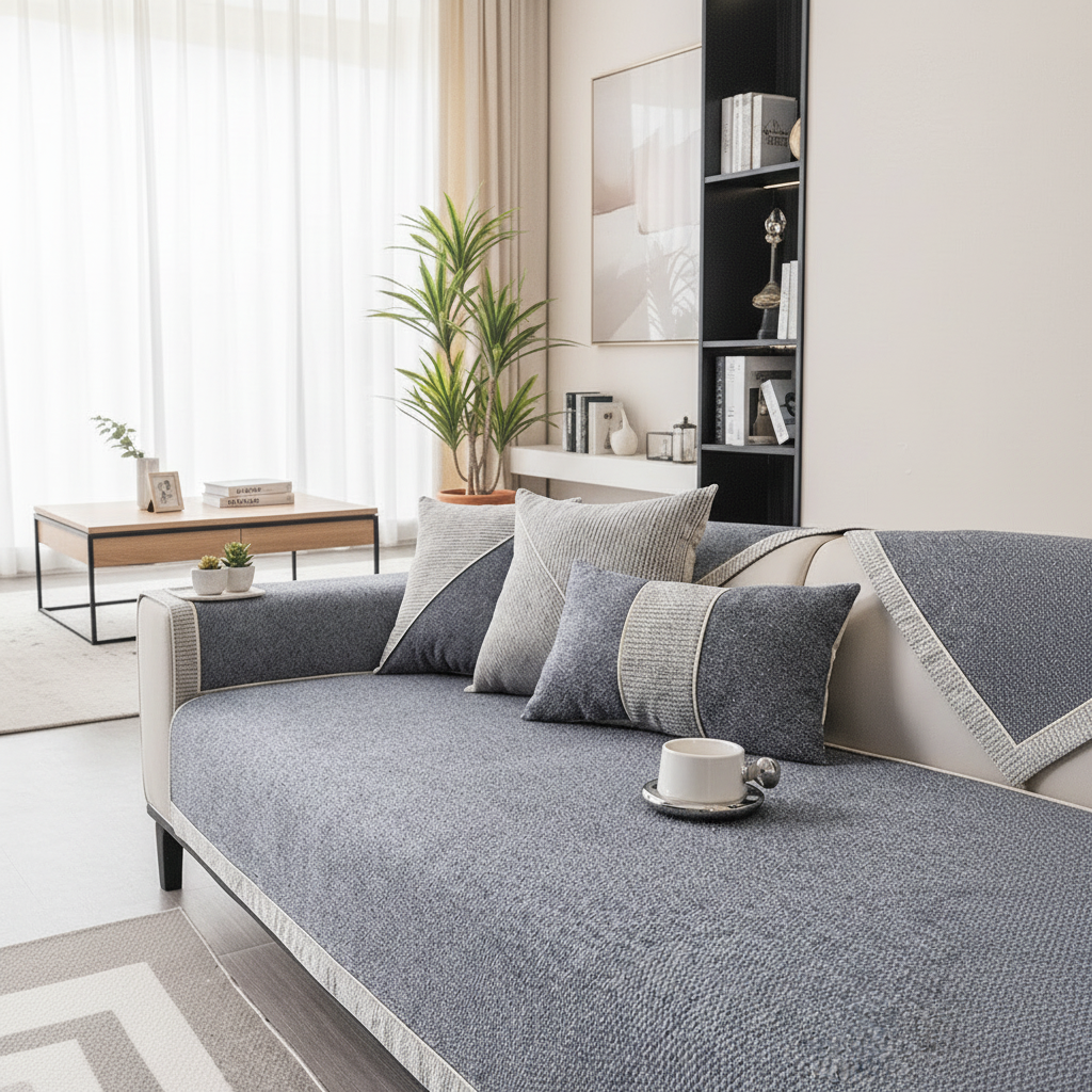 Non-Slip Sofa Cover Cotton Linen Quilted Sofa Throw Breathable Couch Protector with Latex Grip for All Seasons