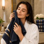 Bath Towel Set with Gold Stripe Border Soft Absorbent Towels Including Bath Towels | Hand Towels and Washcloths for Bathroom and Guest Room