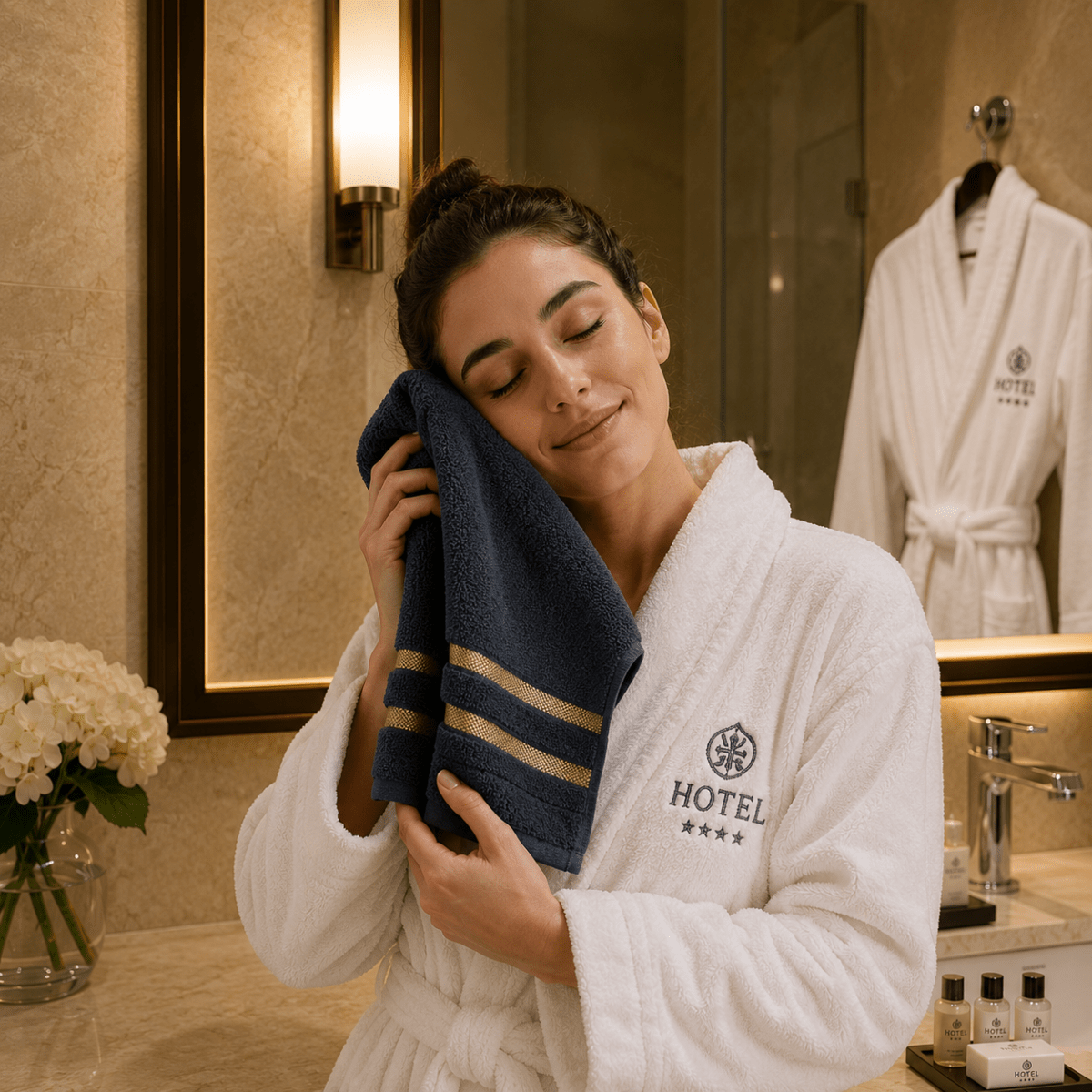 Bath Towel Set with Gold Stripe Border Soft Absorbent Towels Including Bath Towels | Hand Towels and Washcloths for Bathroom and Guest Room