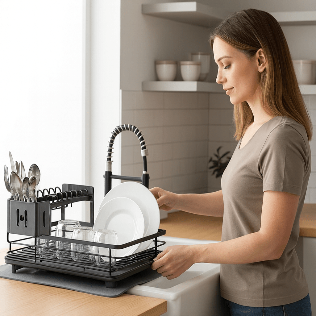 Stainless Steel Dish Drying Rack Space Saving Dish Drainer with Drip Tray and Cutlery Holder Kitchen Countertop Plate Rack for Sink Side