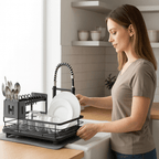 Stainless Steel Dish Drying Rack Space Saving Dish Drainer with Drip Tray and Cutlery Holder Kitchen Countertop Plate Rack for Sink Side