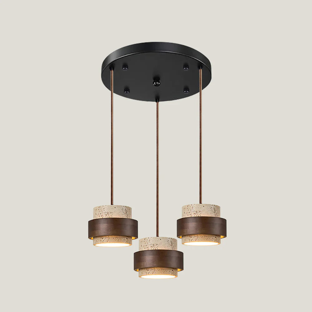 Travertine And Wood Drum Pendant Lights With Downlight