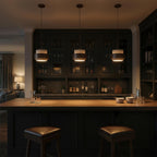 Travertine And Wood Drum Pendant Lights With Downlight