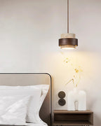 Travertine And Wood Drum Pendant Lights With Downlight