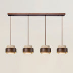 Travertine And Wood Drum Pendant Lights With Downlight