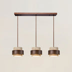 Travertine And Wood Drum Pendant Lights With Downlight