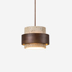 Travertine And Wood Drum Pendant Lights With Downlight