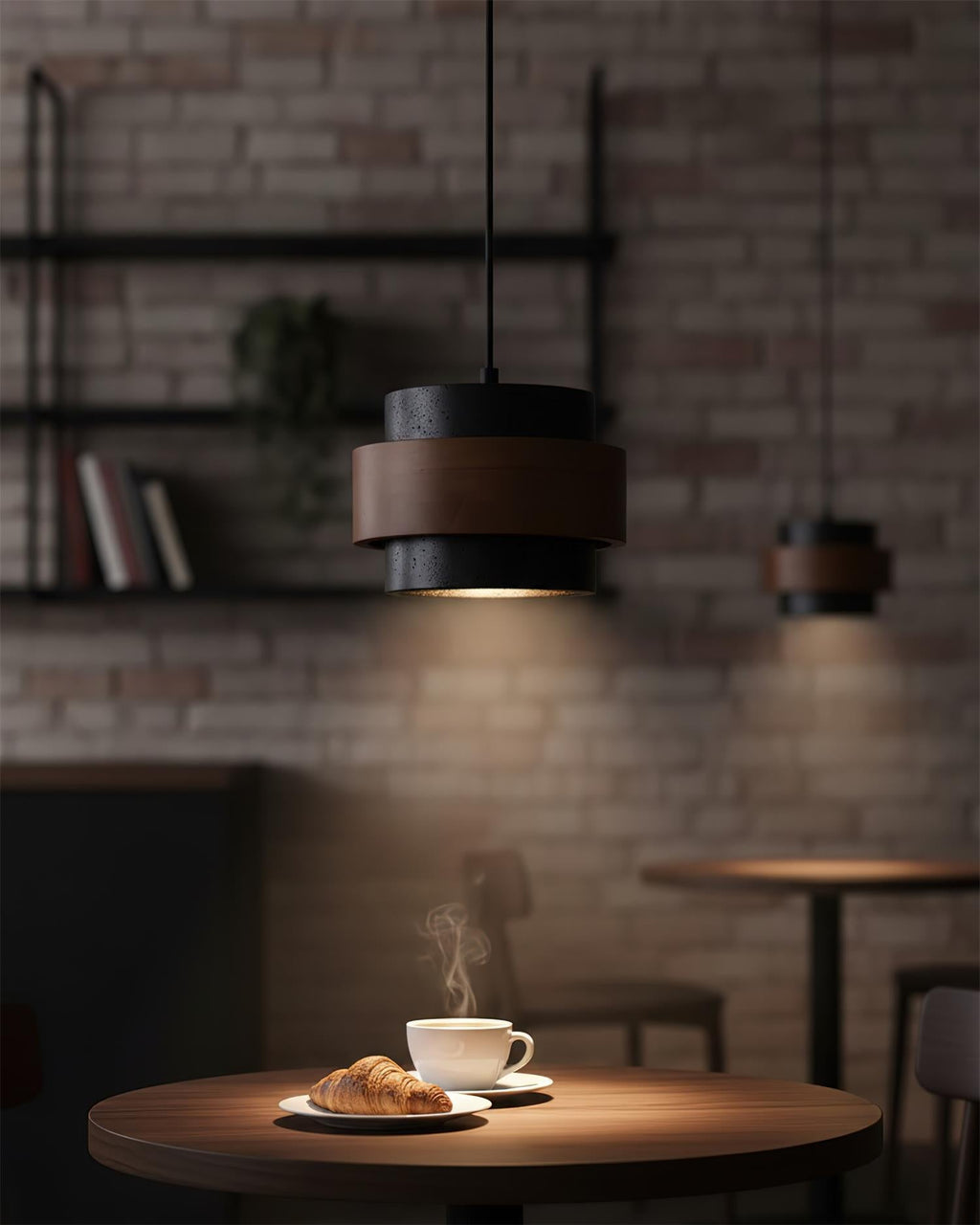 Travertine And Wood Drum Pendant Lights With Downlight