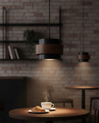 Travertine And Wood Drum Pendant Lights With Downlight