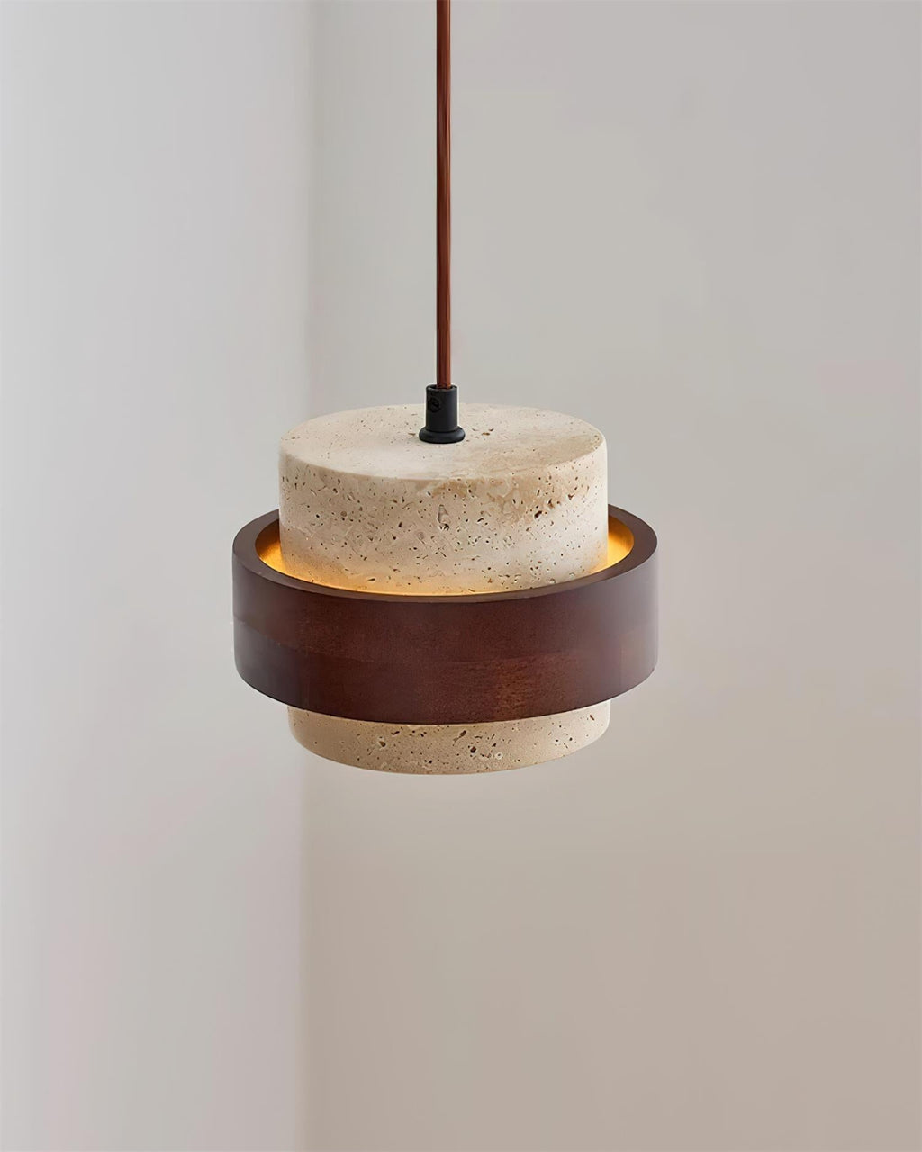 Travertine And Wood Drum Pendant Lights With Downlight