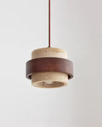 Travertine And Wood Drum Pendant Lights With Downlight