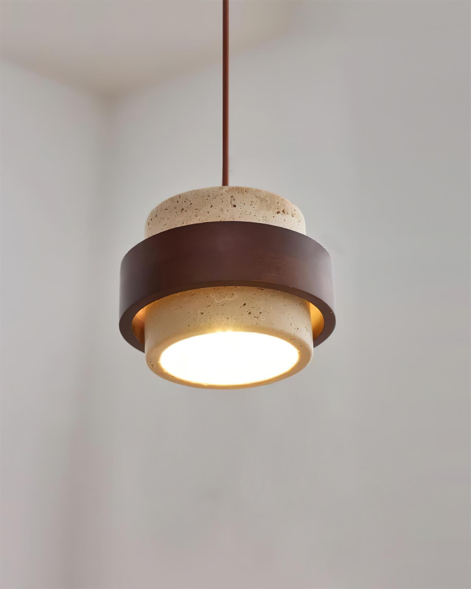 Travertine And Wood Drum Pendant Lights With Downlight
