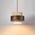 Travertine And Wood Drum Pendant Lights With Downlight