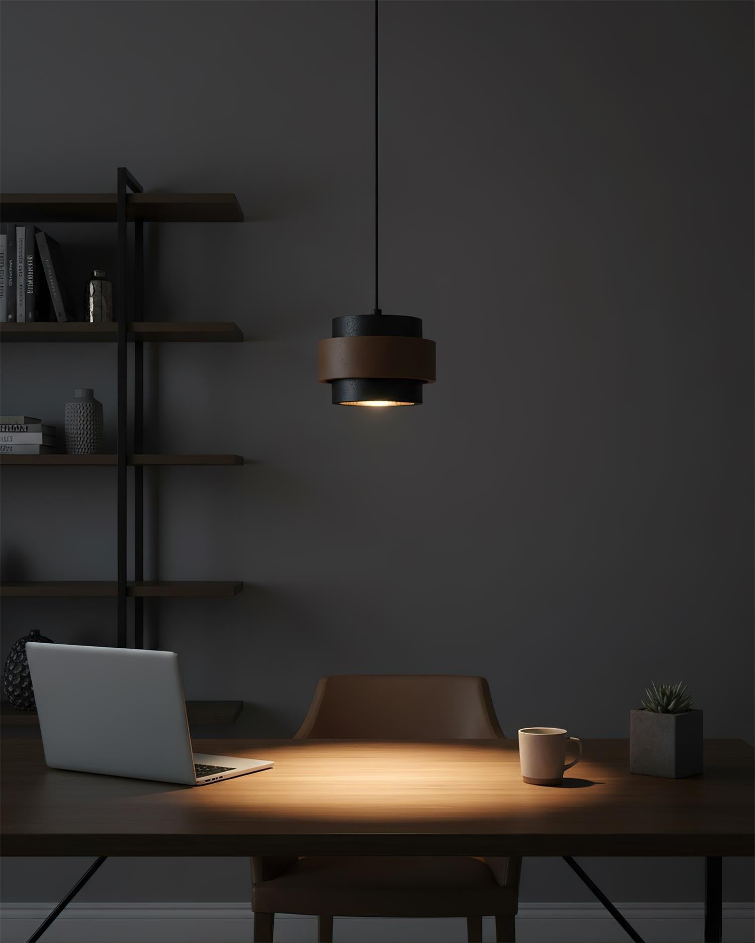 Travertine And Wood Drum Pendant Lights With Downlight