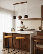 Travertine And Wood Drum Pendant Lights With Downlight