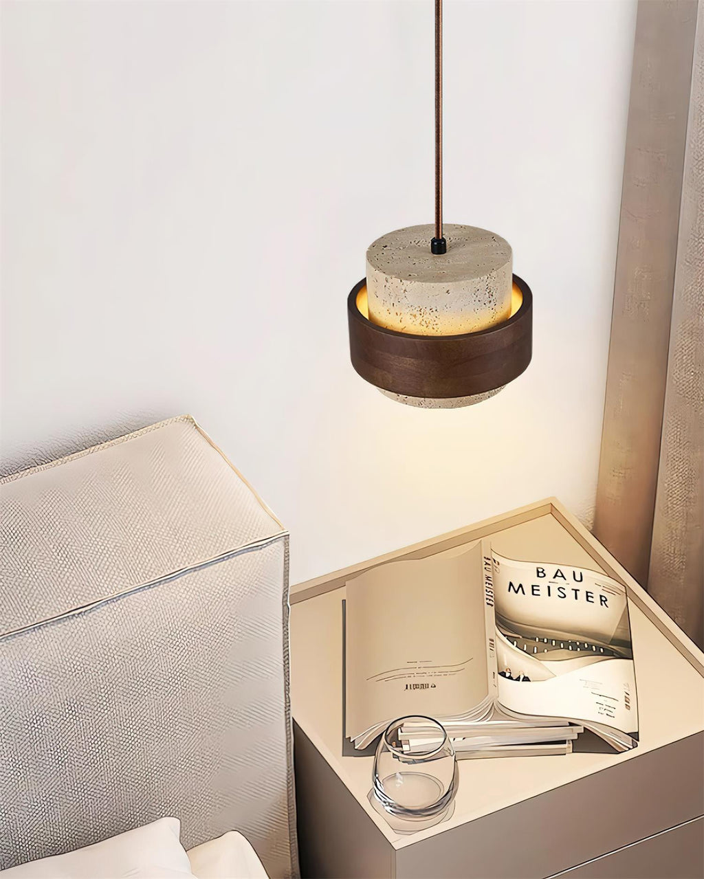 Travertine And Wood Drum Pendant Lights With Downlight