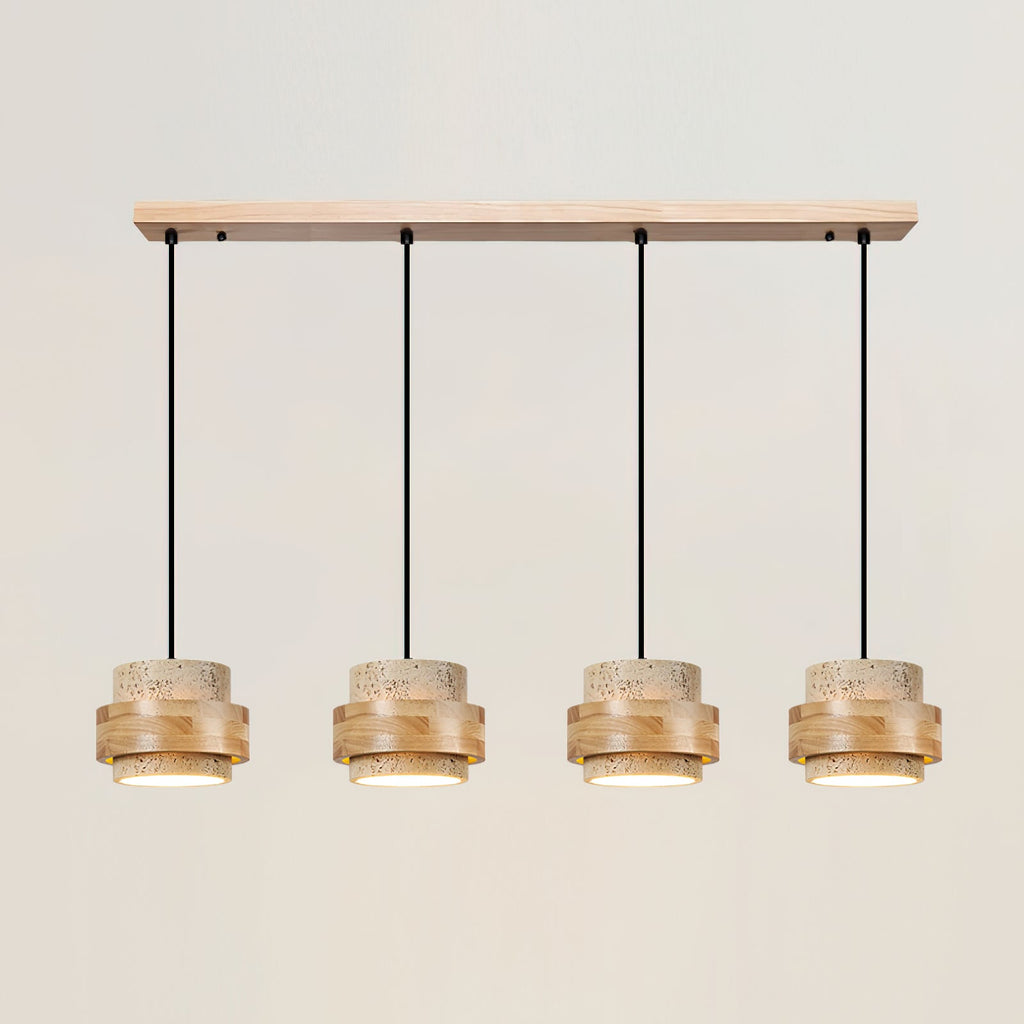 Travertine And Wood Drum Pendant Lights With Downlight