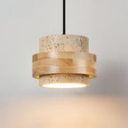 Travertine And Wood Drum Pendant Lights With Downlight