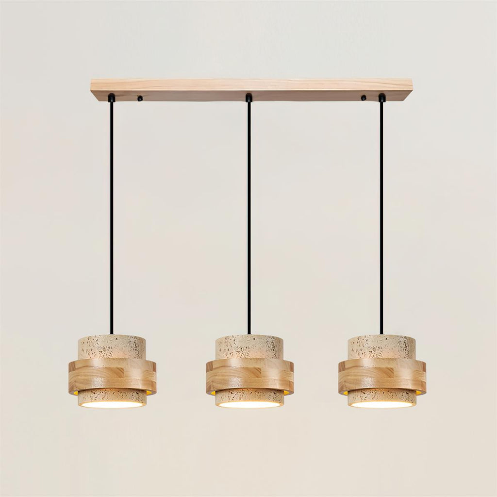 Travertine And Wood Drum Pendant Lights With Downlight