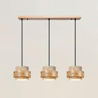 Travertine And Wood Drum Pendant Lights With Downlight