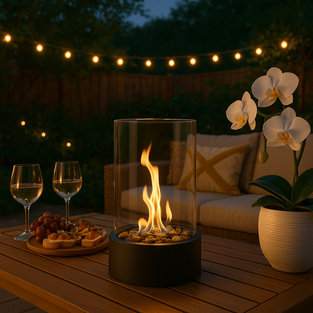Bioethanol Table Fireplace Smokeless Tabletop Fire with Heat-Resistant Glass and Metal Base for Indoor and Outdoor Use
