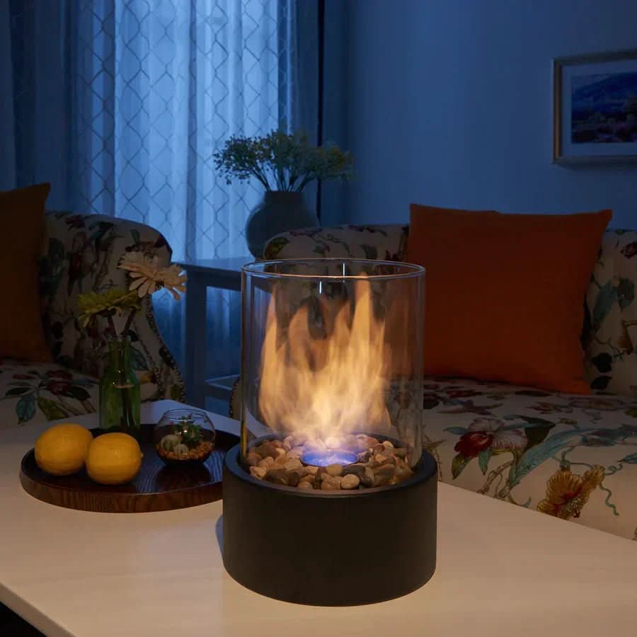 Bioethanol Table Fireplace Smokeless Tabletop Fire with Heat-Resistant Glass and Metal Base for Indoor and Outdoor Use