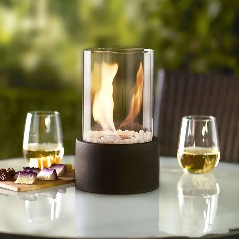 Bioethanol Table Fireplace Smokeless Tabletop Fire with Heat-Resistant Glass and Metal Base for Indoor and Outdoor Use