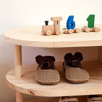 Kids Shoe Rack Solid Pine Wood Two Tier Low Shoe Shelf with Curved Corners Japanese Style Children Shoe Storage for Hallway and Nursery