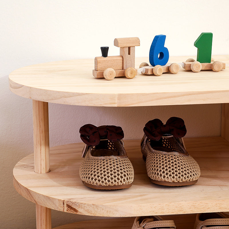 Kids Shoe Rack Solid Pine Wood Two Tier Low Shoe Shelf with Curved Corners Japanese Style Children Shoe Storage for Hallway and Nursery
