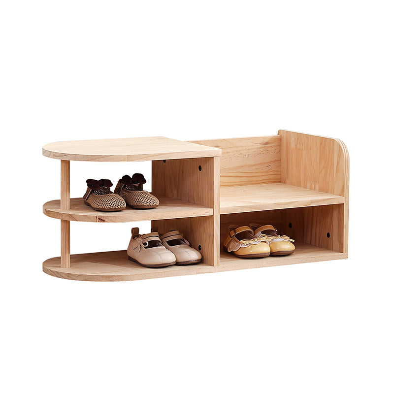 Kids Shoe Rack Solid Pine Wood Two Tier Low Shoe Shelf with Curved Corners Japanese Style Children Shoe Storage for Hallway and Nursery